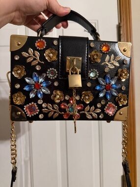 ALDO Embellished Black Box Bag with Gold Accents & Gems